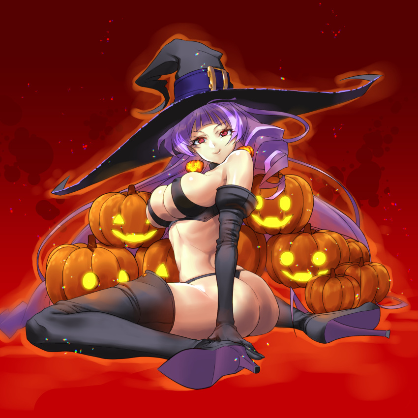 1girl ass black_panties boots breasts commentary covered_nipples don_(rg06268) halloween hat high_heels highres jack-o'-lantern large_breasts lingerie long_hair macross macross_delta mikumo_guynemer panties purple_hair red_eyes sitting smirk solo thigh-highs thigh_boots thong underwear very_long_hair wariza witch_hat