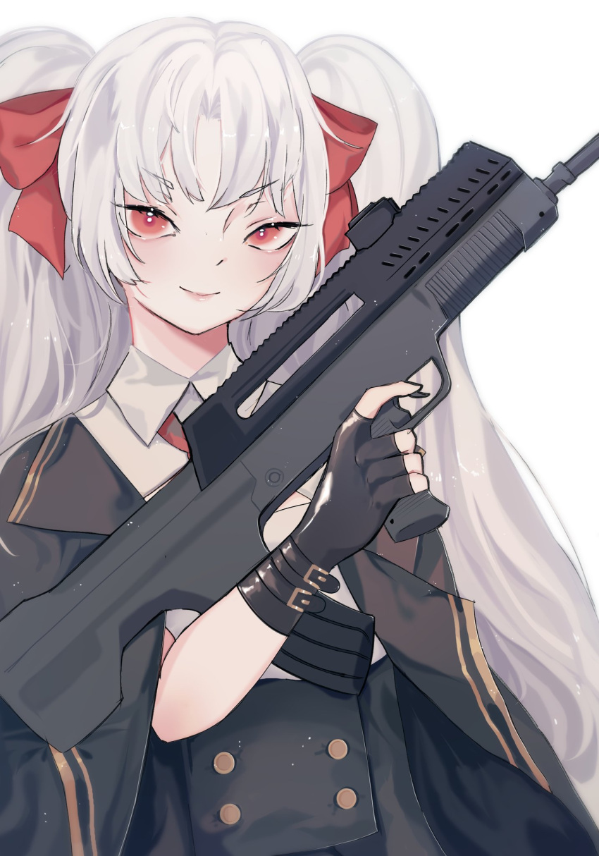 1girl artia cosplay girls_frontline gun highres holding holding_gun holding_weapon hololive hololive_china lankie long_hair looking_at_viewer qbz-97_(girls_frontline) qbz-97_(girls_frontline)_(cosplay) red_eyes solo two_side_up very_long_hair virtual_youtuber weapon white_background white_hair