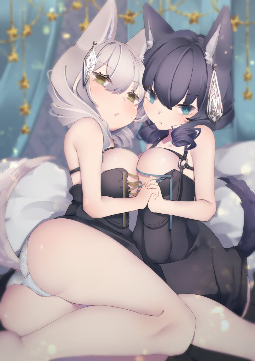 2girls animal_ears bangs bare_shoulders bed bed_sheet black_dress black_hair blush breast_press breasts closed_mouth collarbone commentary_request dog_ears dog_girl dog_tail dress drill_locks eyebrows_visible_through_hair green_eyes hair_between_eyes hair_ornament hands_clasped highres holding_hands indoors interlocked_fingers large_breasts long_hair looking_at_viewer multiple_girls nyankoni_koban on_bed original own_hands_together panties pillow short_hair silver_hair smile symmetrical_docking tail underwear white_panties yellow_eyes