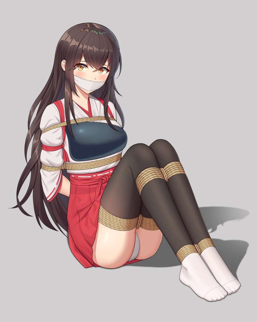 1girl absurdres akagi_(kantai_collection) arms_behind_back bdsm bondage bound bound_arms bound_legs brown_eyes brown_hair cloth_gag gag gagged gaiters hakama hakama_skirt highres improvised_gag japanese_clothes kantai_collection long_hair muneate over_the_mouth_gag panties red_hakama remodel_(kantai_collection) rope shibari shibari_over_clothes solo straight_hair tasuki thigh-highs thighhigh_gaiters underwear white_legwear white_panties wo_cao_xiao