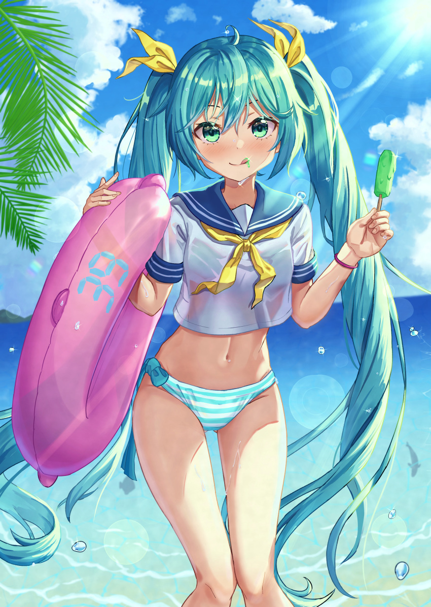 1girl :q absurdres ahoge aqua_bikini aqua_hair ass_visible_through_thighs bangs bikini bikini_under_clothes blue_sailor_collar blush closed_mouth clouds commentary_request crop_top day feet_out_of_frame food green_eyes groin hair_ribbon happycloud hatsune_miku highres holding holding_food innertube light_rays long_hair looking_at_viewer navel neckerchief ocean palm_tree popsicle ribbon sailor_collar see-through shirt short_hair smile solo standing stomach striped striped_bikini sunbeam sunlight swimsuit tongue tongue_out tree twintails very_long_hair vocaloid water white_shirt wristband yellow_neckwear yellow_ribbon