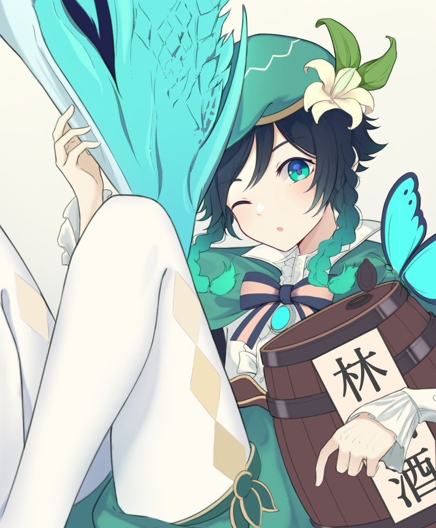 1boy absurdres bard barrel black_hair blue_eyes blue_hair braid bug butterfly cape chinese_text dragon dvalin_(genshin_impact) flower genshin_impact gradient_hair green_headwear hair_flower hair_ornament hand_on_another's_head hat highres horns insect leaf_hair_ornament lily_(flower) long_sleeves looking_at_viewer male_focus multicolored_hair one_eye_closed open_mouth otoko_no_ko pantyhose scales shorts simple_background solo tatsu_wan thigh-highs translation_request twin_braids venti_(genshin_impact) vision_(genshin_impact) white_background