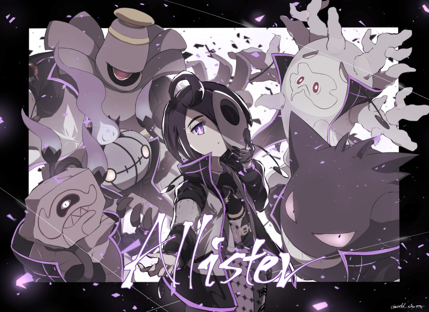 1boy ahoge allister_(pokemon) artist_name black_hair chandelure character_name collared_shirt commentary_request cursola dusknoir gen_1_pokemon gen_4_pokemon gen_5_pokemon gen_8_pokemon gengar gloves gym_leader hand_up highres holding long_sleeves looking_at_viewer male_focus mask odd_(hin_yari) pokemon pokemon_(creature) pokemon_(game) pokemon_swsh runerigus shirt shorts single_glove suspender_shorts suspenders violet_eyes watermark