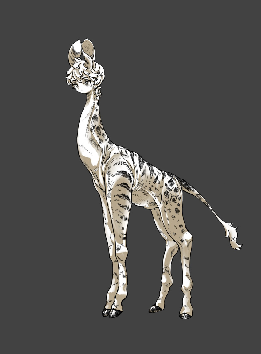 1other animal_ears closed_mouth creature full_body giraffe grey_background highres human_head original shima_(wansyon144) simple_background solo