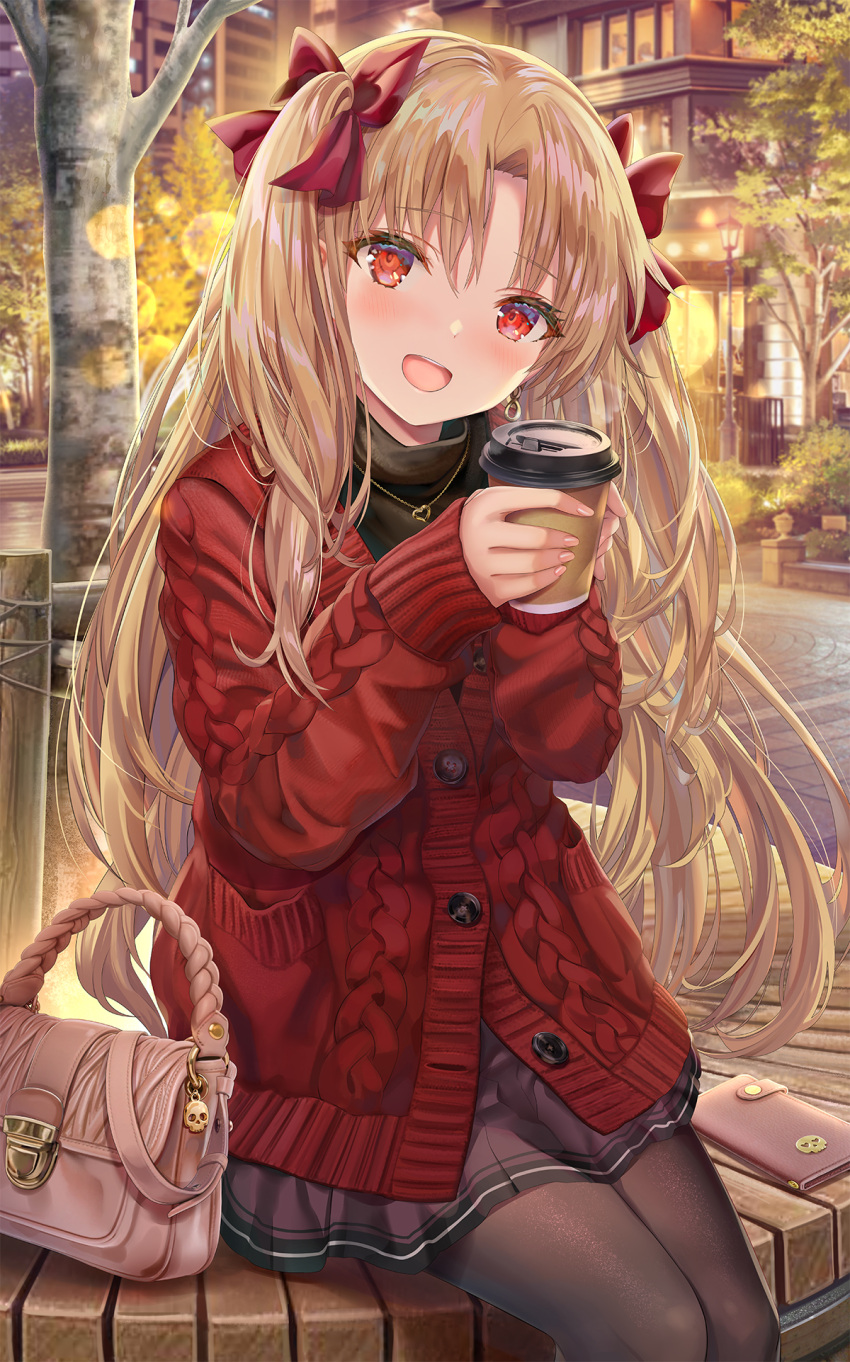 1girl bangs blonde_hair blush bow breasts contemporary cup ereshkigal_(fate/grand_order) fate/grand_order fate_(series) hair_bow highres jacket jewelry long_hair long_sleeves looking_at_viewer medium_breasts necklace open_mouth pantyhose parted_bangs red_bow red_eyes red_jacket sitting skirt smile thighs torino_akua tree two_side_up