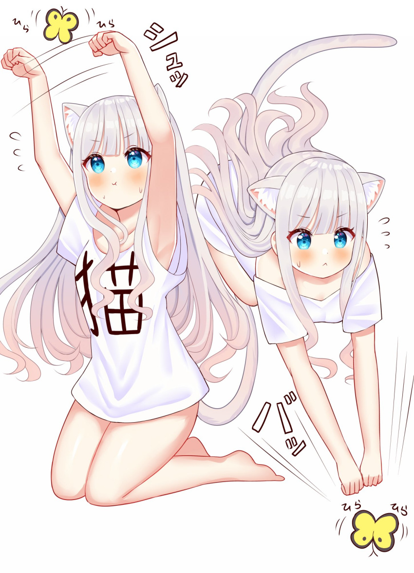 1girl :&lt; animal_ears arms_up bangs bare_legs barefoot blue_eyes blunt_bangs blush breasts cat_ears cat_tail collarbone commentary_request eyebrows_visible_through_hair flying_sweatdrops full_body grabbing highres long_hair mizukoshi_(marumi) multiple_views off_shoulder original pout shirt silver_hair simple_background small_breasts stretch striped tail translation_request very_long_hair white_background white_hair white_shirt white_shrit