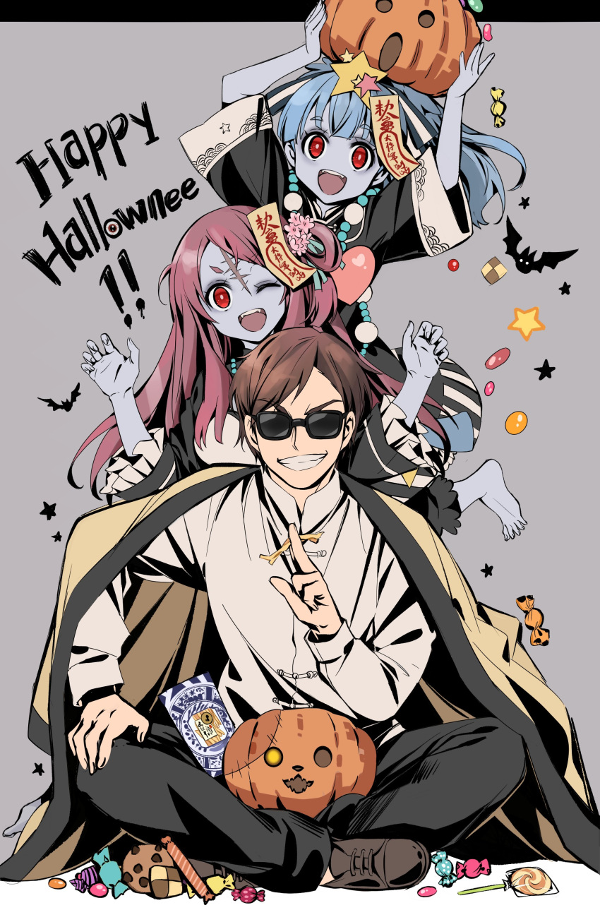 1boy 2girls :d ;d absurdres arms_up barefoot bat black_pants black_shirt blue_hair blue_skirt brown_footwear brown_hair candy chinese_clothes claw_pose commentary da_huang english_commentary english_text facial_scar food frilled_sleeves frills grey_background grin hair_ornament happy_halloween high_collar highres holding hoshikawa_lily indian_style jack-o'-lantern_print jacket jacket_on_shoulders jiangshi jumping lollipop long_sleeves minamoto_sakura multiple_girls ofuda one_eye_closed one_side_up open_mouth pants red_eyes redhead salute scar shirt shoes short_sleeves sitting skirt smile standing star_(symbol) star_hair_ornament straight-laced_footwear sunglasses symbol_commentary tangzhuang tatsumi_koutarou twintails two-finger_salute white_shirt zombie zombie_land_saga