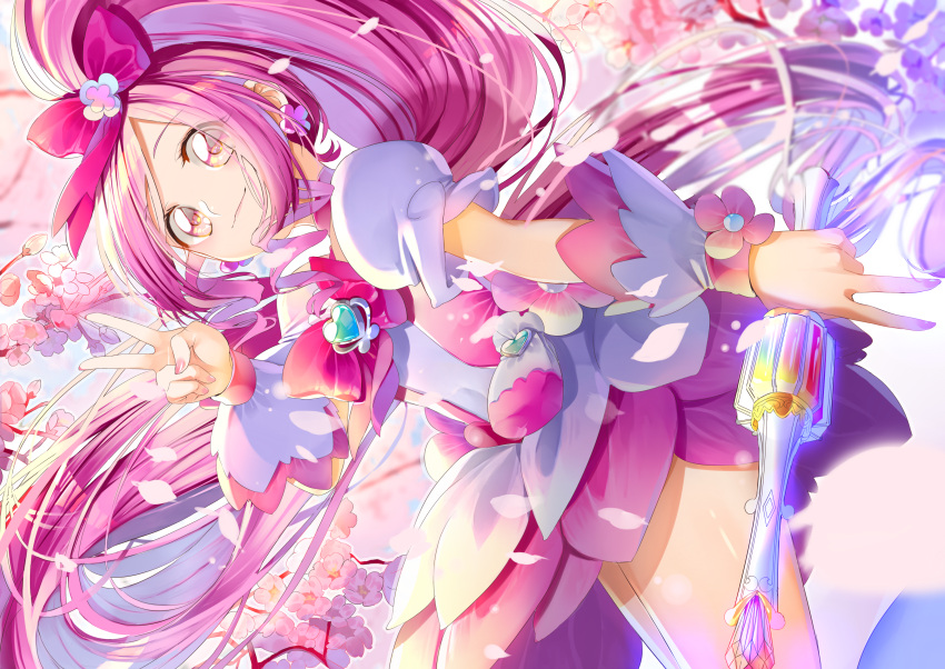 1girl absurdres bangs blurry blurry_background bow brown_eyes closed_mouth cure_blossom dress floating_hair hair_bow heart heartcatch_precure! high_ponytail highres holding holding_staff layered_dress long_hair pink_hair precure red_bow shiny shiny_hair short_dress short_sleeves smile solo staff swept_bangs v very_long_hair white_dress yuutarou_(fukiiincho)