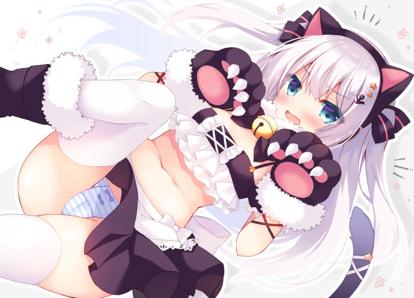 1girl anchor_hair_ornament animal_ears apron azur_lane bangs bell black_skirt blue_eyes blush breasts cat_ears cat_tail commentary_request crop_top detached_sleeves drop_shadow dutch_angle eyebrows_visible_through_hair fake_animal_ears fang frills gloves hair_between_eyes hair_ornament hairband hammann_(azur_lane) hammann_(hammanyan_pawnch!)_(azur_lane) jingle_bell long_hair looking_at_viewer midriff navel notice_lines official_alternate_costume open_mouth outline panties pantyshot paw_gloves paws purinko ribbon shoes sidelocks skin_fang skindentation skirt solo striped striped_panties tail thigh-highs two_side_up underwear very_long_hair waist_apron white_hair white_legwear wrist_ribbon zettai_ryouiki