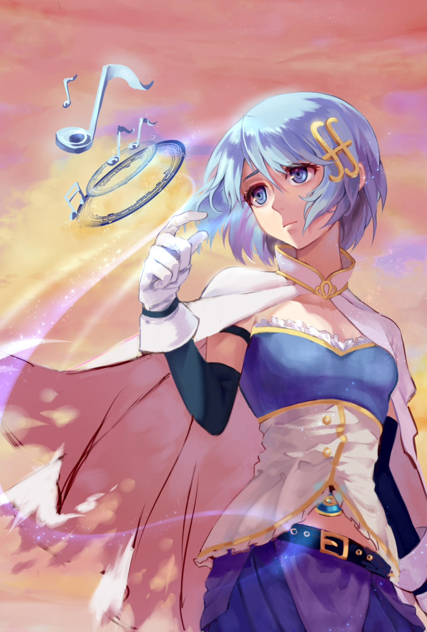 1girl arm_at_side beamed_sixteenth_notes belt blue_eyes blue_hair blue_skirt breasts cape closed_mouth detached_sleeves eighth_note eyelashes facing_viewer floating_hair fortissimo fortissimo_hair_ornament frills gloves gradient gradient_background hair_ornament hairclip hand_up head_tilt highres index_finger_raised light_particles lin_nulixiulian looking_up mahou_shoujo_madoka_magica medium_breasts miki_sayaka musical_note orange_background purple_background red_background sad shaded_face shiny shiny_hair short_hair skirt solo soul_gem staff_(music) strapless torn_cape torn_clothes upper_body white_cape white_gloves yellow_background