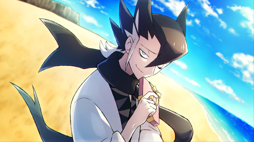 1boy beach black_hair black_scarf box closed_mouth clouds commentary_request day gift gift_box grey_eyes grimsley_(pokemon) hand_up highres holding lobolobo2010 looking_at_viewer male_focus one_eye_closed outdoors pokemon pokemon_(game) pokemon_sm ribbon sand scarf shore sky smile solo upper_body water yellow_ribbon