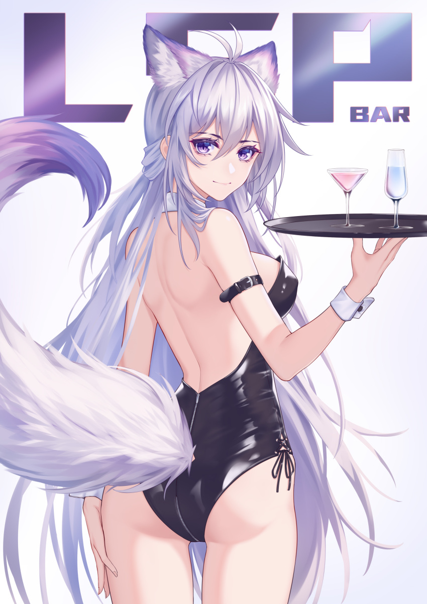 1girl absurdres animal_ears antenna_hair arm_strap ass backless_outfit bangs bare_arms bare_shoulders black_leotard breasts commentary_request cowboy_shot cup drinking_glass from_behind grey_background hair_between_eyes hand_up highres holding holding_tray kirby_d_a large_breasts leotard long_hair looking_at_viewer looking_back original playboy_bunny_leotard silver_hair smile solo standing strapless strapless_leotard tail thighs tray very_long_hair violet_eyes wine_glass wolf_ears wolf_tail wrist_cuffs