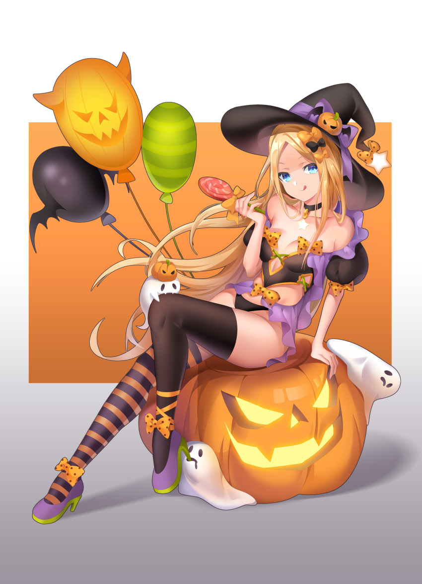 1girl abigail_williams_(fate/grand_order) absurdres balloon bangs bare_shoulders black_bow blonde_hair blue_eyes blush bow breasts candy choker dongcilagedaci fate/grand_order fate_(series) food forehead hair_bow halloween hat high_heels highres jack-o'-lantern legs licking_lips lollipop long_hair looking_at_viewer multiple_bows open_mouth orange_bow parted_bangs pumpkin sidelocks sitting small_breasts smile thigh-highs tongue tongue_out witch_hat