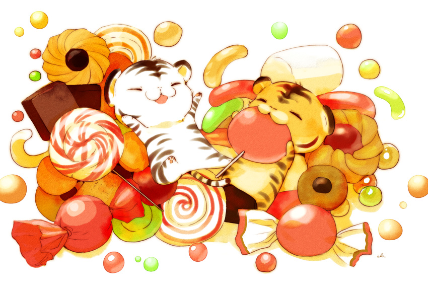 candy chai closed_eyes commentary_request cookie eating food highres holding holding_candy holding_food jelly_bean lollipop marshmallow no_humans original signature sitting_on_food tiger undersized_animal white_background white_tiger wrapped_candy