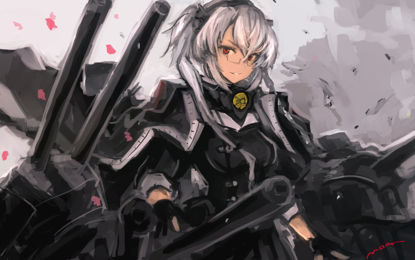 1girl absurdres bangs black_gloves breasts cape glasses gloves grey_background grin hair_between_eyes headgear highres kantai_collection large_breasts long_hair moor musashi_(kantai_collection) partially_fingerless_gloves petals red_eyes remodel_(kantai_collection) rigging sidelocks signature silver_hair simple_background skirt smile solo twintails