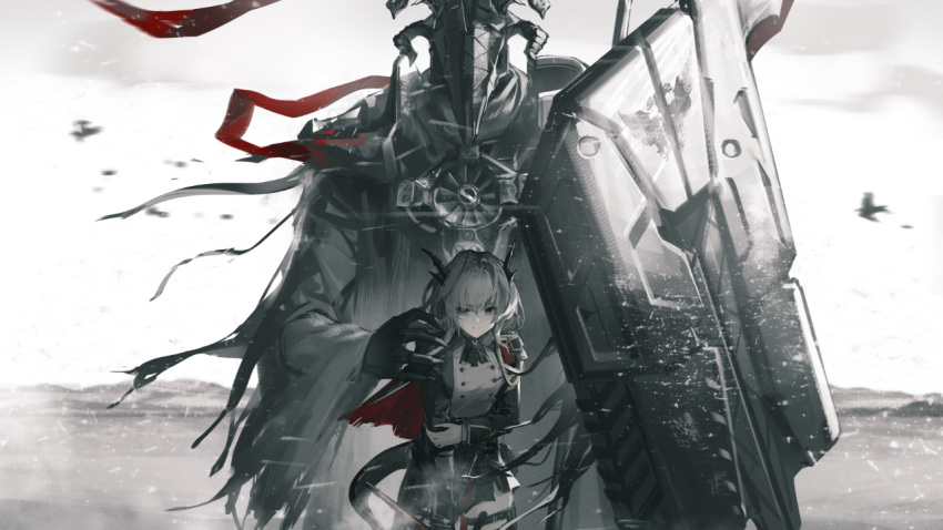 1boy 1girl arknights armor cape deer_skull dragon_horns dragon_tail grey_hair horns looking_at_viewer medium_hair military military_uniform miniskirt official_art patriot_(arknights) shield size_difference skirt spoilers standing tail talulah_(arknights) uniform
