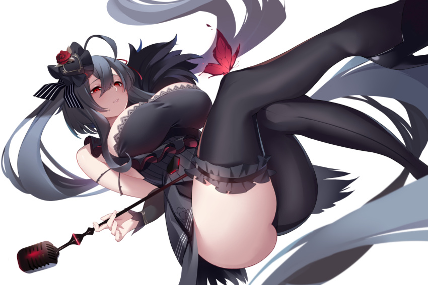1girl ahoge ass azur_lane bangs black_hair blush breasts bug butterfly commentary_request insect kaneko_(bblogtinhan) large_breasts long_hair microphone mismatched_legwear red_eyes sidelocks solo taihou_(azur_lane) taihou_(muse)_(azur_lane) thigh_strap very_long_hair white_background