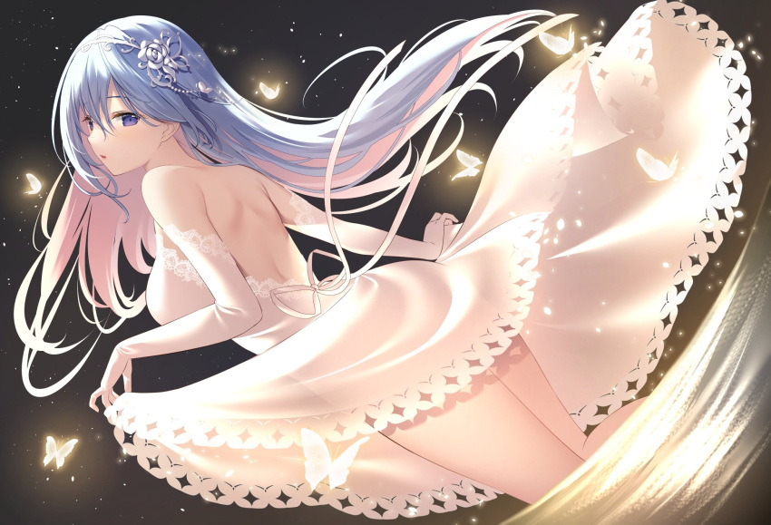 1girl ass bangs bare_shoulders blue_eyes blue_hair blush breasts bug butterfly dress dress_lift elbow_gloves emori_miku emori_miku_project eyebrows_visible_through_hair gloves hair_ornament highres insect large_breasts long_hair looking_at_viewer looking_back miko_92 solo tiara very_long_hair white_dress