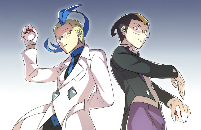 2boys arm_behind_back black_hair blonde_hair blue_hair buttons colress_(pokemon) darach_(pokemon) from_below glasses gloves highres holding holding_poke_ball labcoat lobolobo2010 long_sleeves looking_at_viewer male_focus multicolored_hair multiple_boys pants parted_lips poke_ball poke_ball_(basic) pokemon pokemon_(game) pokemon_bw2 pokemon_dppt pokemon_platinum purple_pants short_hair two-tone_hair white_gloves yellow_eyes