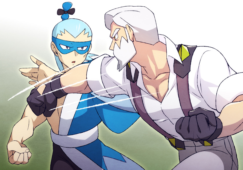 2boys black_gloves blue_hair brycen_(pokemon) clenched_hands collared_shirt commentary_request drayden_(pokemon) eye_contact eye_mask facial_hair fingernails gloves grey_pants gym_leader highres lobolobo2010 looking_at_another male_focus motion_lines multiple_boys open_mouth pants pokemon pokemon_(game) pokemon_bw punching shirt sleeves_rolled_up suspenders tongue white_hair white_shirt