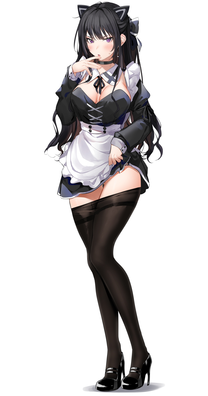 1girl :o absurdres animal_ears apron ass_visible_through_thighs bangs black_choker black_dress black_hair black_legwear black_neckwear black_ribbon blush breasts breasts_apart cat_ears choker cleavage_cutout clothing_cutout commentary_request detached_collar dress dress_lift eyebrows_visible_through_hair fake_animal_ears finger_to_chin frilled_apron frills full_body grey_panties half_updo hand_up high_heels highres juliet_sleeves legs legs_together lifted_by_self long_hair long_legs long_sleeves looking_at_viewer maid mary_janes mole mole_on_breast neck_ribbon open_mouth original panties panty_peek pantyhose pantyhose_pull puffy_sleeves purple_pupils revision ribbon shadow shiny_footwear shoes short_dress simple_background solo standing sweatdrop thigh_gap thighband_pantyhose underbust underwear v-shaped_eyebrows very_long_hair violet_eyes waist_apron wavy_hair white_apron white_background xretakex
