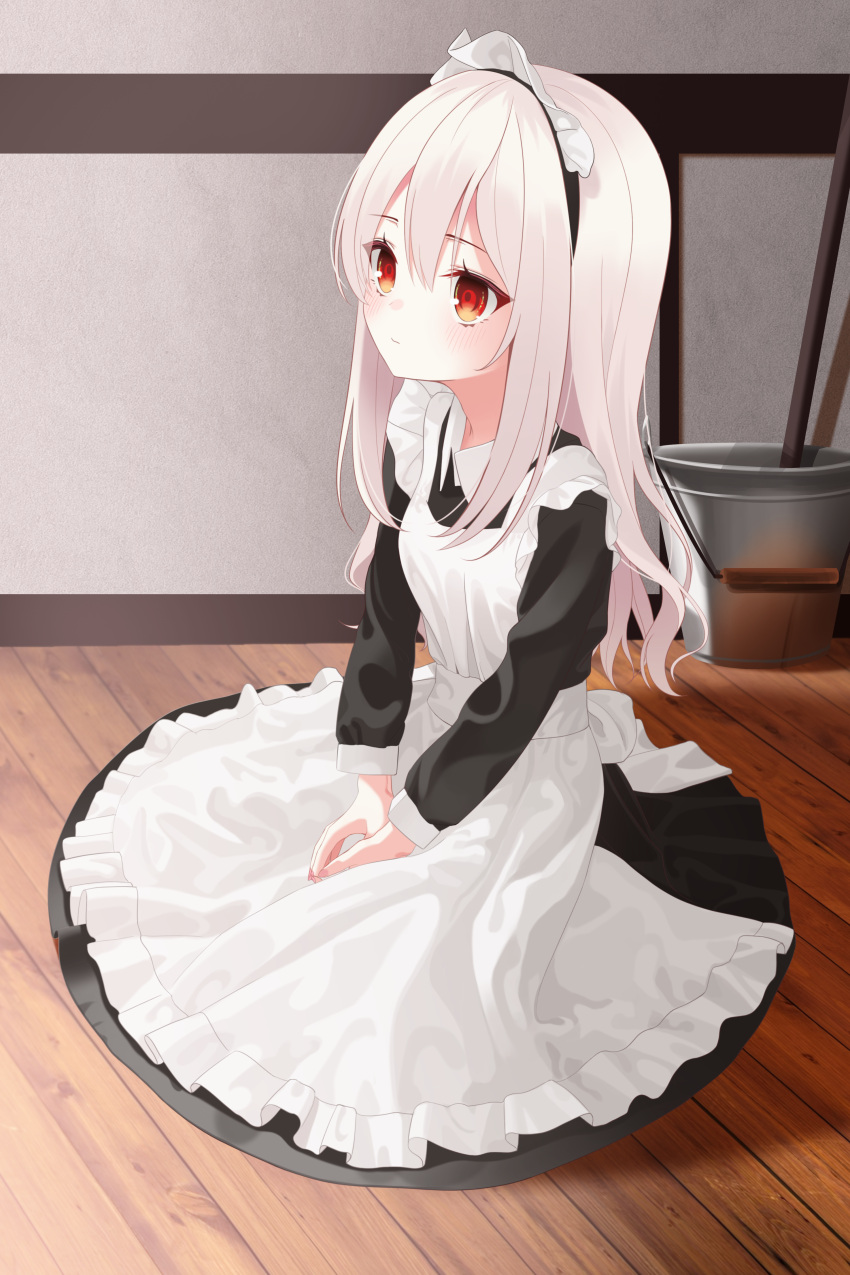 1girl absurdres apron blush closed_mouth eyebrows_visible_through_hair eyes_visible_through_hair frown highres indoors kneeling long_hair maid maid_apron maid_headdress original pink_nails pout re-leaf red_eyes sidelocks silver_hair sitting solo white_hair wooden_floor