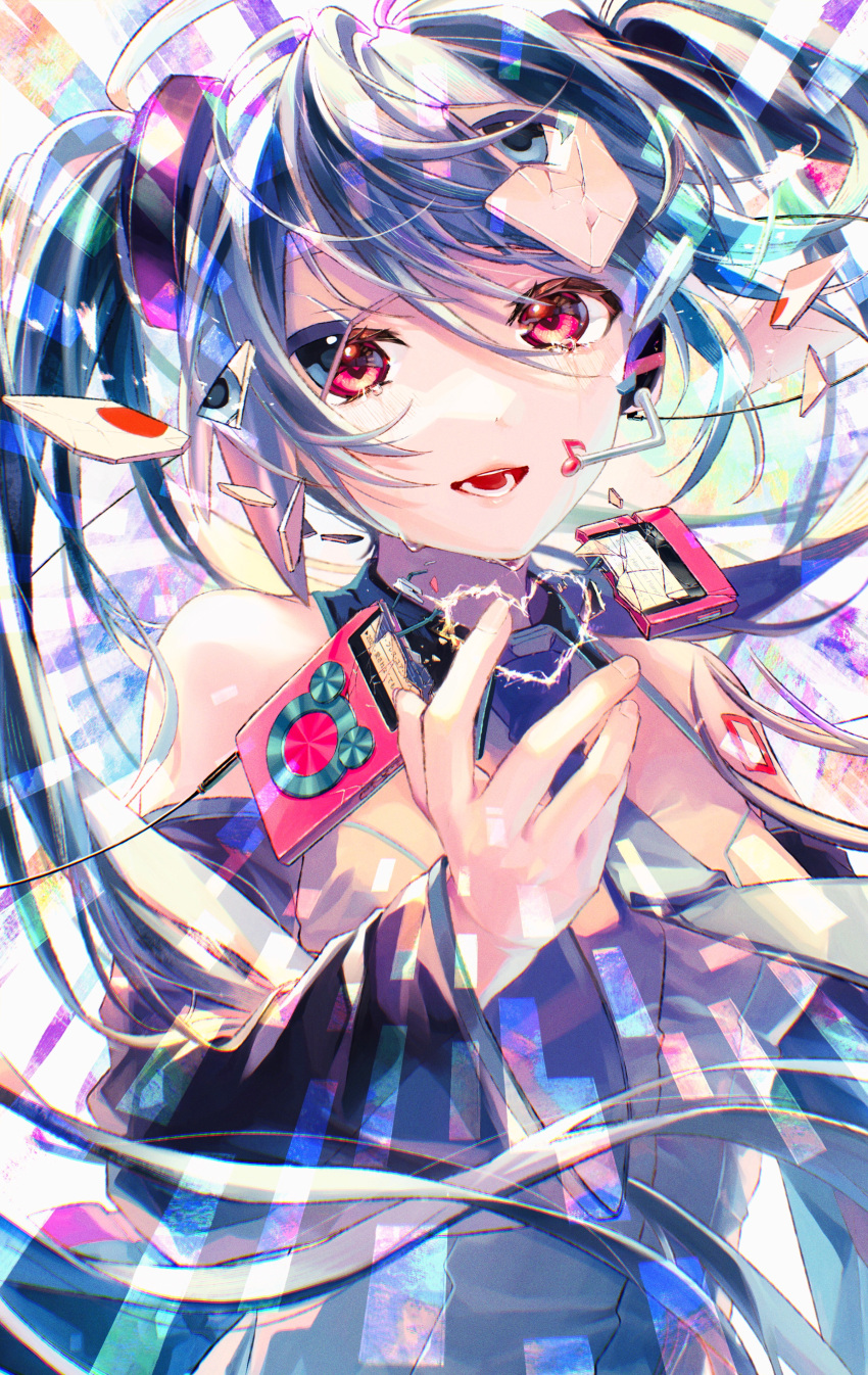 1girl absurdres aisarenakute_mo_kimi_ga_iru_(vocaloid) alternate_eye_color arm_at_side bare_shoulders blue_eyes blue_hair blue_neckwear blue_theme breasts broken colorful crack crying crying_with_eyes_open detached_sleeves digital_media_player dot_nose eyelashes fingernails floating_hair grey_shirt hand_up happy hatsune_miku headphones heart highres karonaru light_blush lips long_hair looking_at_viewer multicolored multicolored_background necktie parted_lips pink_eyes shaded_face shapes shiny shiny_hair shirt shoulder_tattoo sleeveless sleeveless_shirt small_breasts solo streaming_tears tareme tattoo tears teeth twintails vocaloid
