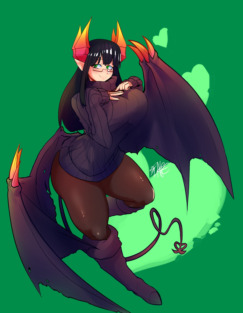 1girl absurdres ass black_footwear black_sweater black_tail black_wings boots breasts commission curvy demon_girl demon_horns demon_tail demon_wings dress green_background heart heart_background highres horns huge_breasts large_breasts mcflarey merii_(mazohaha) musuko_ga_kawaikute_shikatanai_mazoku_no_hahaoya pantyhose red_horns ribbed_sweater smile sweater sweater_dress tail thick_thighs thighs wings