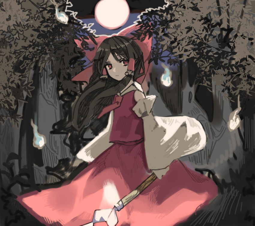 1girl bow brown_eyes brown_hair commentary_request cowboy_shot detached_sleeves full_moon gohei hair_bow hair_tubes hakurei_reimu hitodama holding long_hair long_sleeves looking_at_viewer moon night outdoors red_bow red_neckwear red_pupils red_shirt shi_chimi shirt solo touhou tree wide_sleeves wind