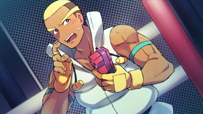 1boy biceps blonde_hair blush box brown_hair elite_four fingerless_gloves fingernails gift gift_box gloves hands_up highres lobolobo2010 looking_away male_focus marshal_(pokemon) multicolored_hair muscle open_mouth pokemon purple_ribbon ribbon sleeveless solo sweat teeth tongue two-tone_hair yellow_gloves