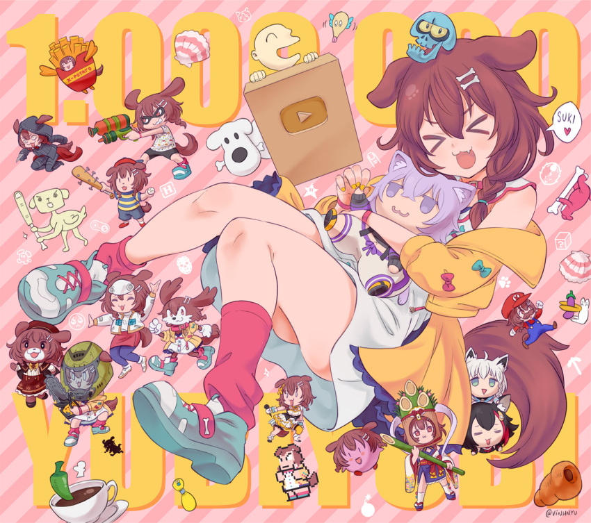 &gt;_&lt; 1boy 4girls :3 :d ?_block animal_ear_fluff animal_ears assassin's_creed_(series) bangs banjo-kazooie baseball_bat black_hair blue_bow blush bomb bomberman bone bone_hair_ornament bow braid breasts brown_eyes brown_hair buttons cat_girl chainsaw character_doll character_request chili_pepper chocolate_cornet chu_chu_rocket closed_mouth coffee collar collarbone collared_dress commentary commentary_request copyright_request cosplay creature cross-laced_footwear cup dog dog_ears dog_girl dog_tail doom_(2016) doom_(series) doubutsu_no_mori dress eggplant english_commentary fall_guys fang fingernails fingertip flipped_hair food fox_girl french_fries french_fry_costume friday_the_13th frilled_jacket full_body game_console hair_between_eyes hair_ornament hair_over_shoulder hairclip highres hockey_mask holding holding_chainsaw holding_stuffed_toy hololive hololive_gamers hug inkling inugami_korone jacket jitome kaze_no_klonoa kirby kirby_(series) klonoa knees knees_together_feet_apart kunio-kun kunio-kun_series legs_apart limbo_(game) listener_(inugami_korone) long_hair loose_socks low-tied_long_hair low_twin_braids low_twintails mario mario_(cosplay) super_mario_bros. minecraft mixed-language_commentary mother_(game) mother_2 multicolored_footwear multicolored_hair multiple_girls nail nail_bat nail_polish nekomata_okayu ness_(mother_2) number off-shoulder_jacket off_shoulder official_alternate_costume ookami_mio open_clothes open_jacket open_mouth paw_print pepper pickaxe pien pink_background pocket pyuu_to_fuku!_jaguar:_ashita_no_jump red_bow red_collar red_footwear red_legwear redhead reference_request saucer seashell segagaga shell shirakami_fubuki shoelaces shoes short_dress short_sleeves sleeveless sleeveless_dress smile sneakers socks sparkle splatoon_(series) starman_(mario) streaked_hait striped striped_background stuffed_toy super_bunny_man super_famicom super_famicom_gamepad symbol_commentary tail teacup triangle_mouth twin_braids twintails twitter_username upskirt vinhnyu violet_eyes virtual_youtuber white_dress wolf_girl wristband xd yellow_jacket yellow_nails youtube youtube_creator_award youtube_logo |3