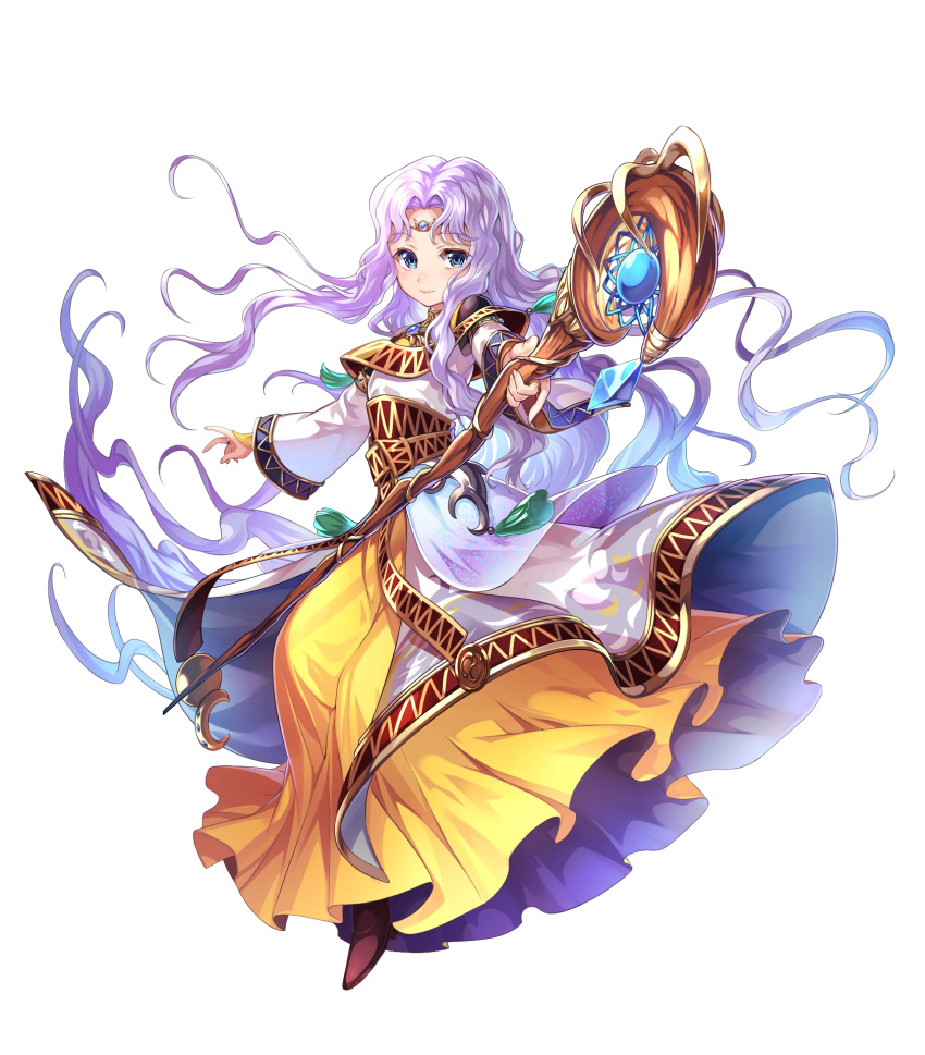 1girl bangs blue_eyes bracelet brown_footwear chachie circlet closed_mouth dress eyebrows_visible_through_hair fire_emblem fire_emblem:_thracia_776 fire_emblem_heroes full_body highres holding jewelry long_dress long_hair long_sleeves looking_at_viewer official_art parted_bangs pink_hair sara_(fire_emblem) shiny shiny_hair smile solo staff transparent_background wide_sleeves
