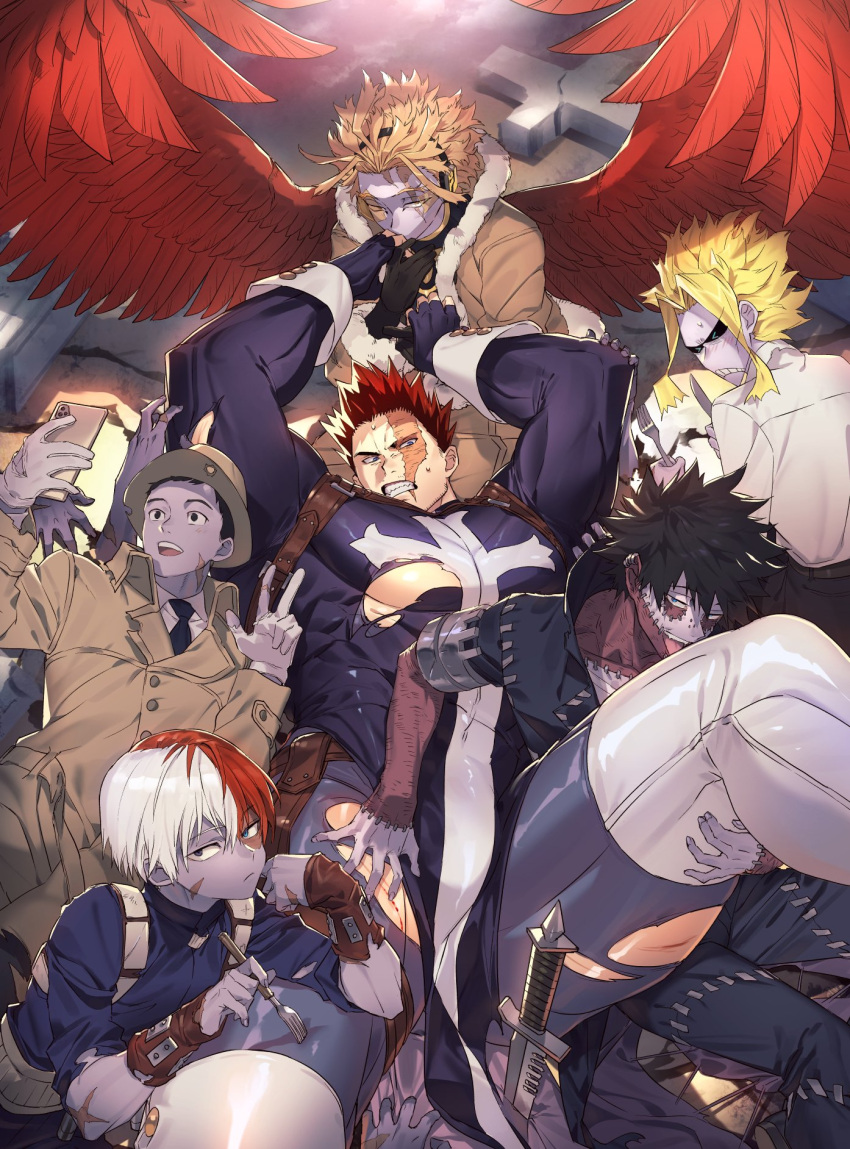 &gt;_&lt; 6+boys abs all_might alternate_costume bara bare_chest black_hair blonde_hair blue_eyes bodysuit boku_no_hero_academia bulge character_request chest cosplay facial_hair feet_out_of_frame fingerless_gloves frankenstein's_monster frankenstein's_monster_(cosplay) gloves grey_skin groping halloween halloween_costume hand_kiss hawks_(boku_no_hero_academia) highres kiss koooogasya licking male_focus monster multicolored_hair multiple_boys muscle navel navel_hair nipples pelvic_curtain redhead scar scar_across_eye self_shot short_hair spiky_hair spread_legs stitches stubble thick_thighs thigh_grab thighs todoroki_enji todoroki_shouto tombstone tongue tongue_out torn_bodysuit torn_clothes two-tone_hair white_hair zombie