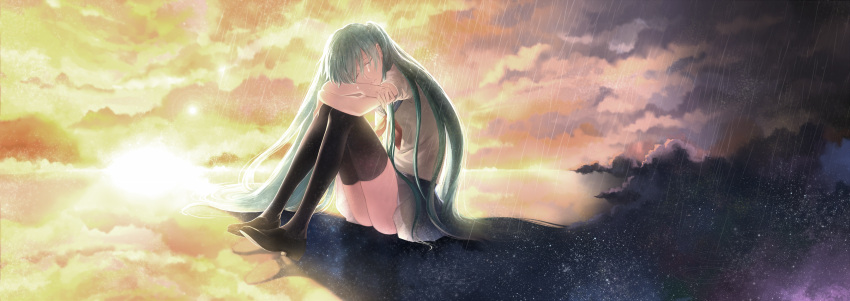 1girl absurdres aqua_hair backlighting black_footwear black_legwear blue_sailor_collar blue_skirt chin_rest closed_eyes closed_mouth clouds cloudy_sky commentary_request crossed_arms crying dark_clouds drenbof expressionless eyebrows_visible_through_hair facing_viewer fingernails flat_chest glow_(vocaloid) glowing hatsune_miku highres horizon jitome leaning leaning_forward legs_together light_particles light_rays lips loafers long_hair neckerchief on_ground orange_sky outdoors pleated_skirt puffy_short_sleeves puffy_sleeves rain red_neckwear reflection reflective_water ripples sad sailor_collar school_uniform shaded_face shadow shirt shoes short_sleeves sitting skirt sky solo star_(sky) streaming_tears sun sunlight sunset tears thigh-highs thighs twintails uniform vocaloid water water_drop white_shirt wide_shot yellow_sky zettai_ryouiki