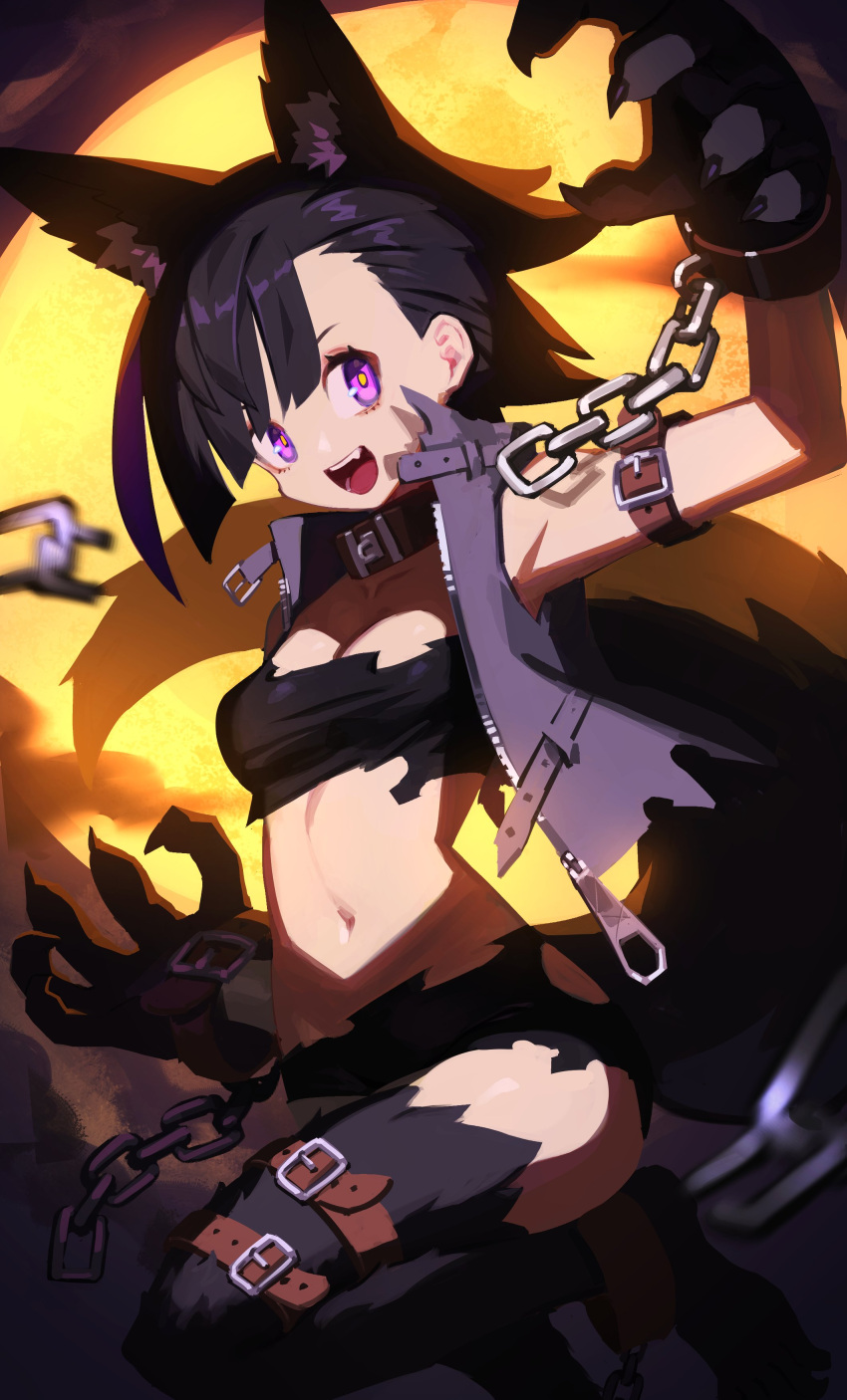 1girl absurdres animal_ears black_hair broken broken_chain chain claws collar english_commentary halloween highres midriff navel original paws short_hair solo tail torn_clothes tostantan vest violet_eyes werewolf wolf_ears wolf_tail zipper zipper_pull_tab