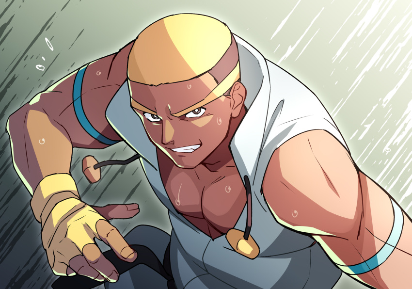 1boy blonde_hair brown_hair clenched_teeth commentary_request dark_skin dark_skinned_male elite_four fingerless_gloves fingernails gloves highres lobolobo2010 looking_at_viewer male_focus marshal_(pokemon) multicolored_hair muscle pokemon pokemon_(game) pokemon_bw smile solo sweat teeth two-tone_hair yellow_gloves