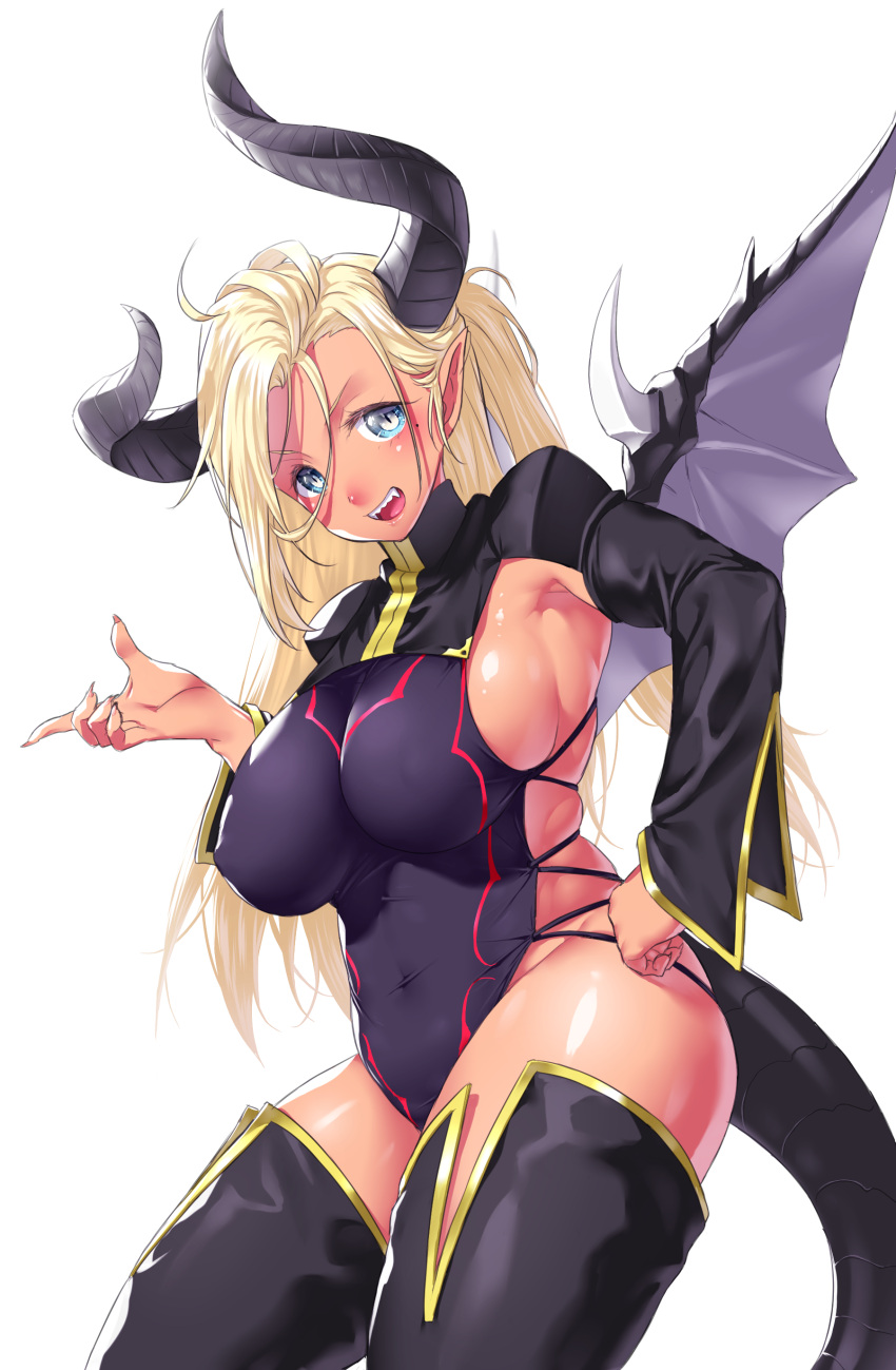 1girl :d absurdres armpits black_legwear blonde_hair blue_eyes breasts covered_navel cowboy_shot dragon_girl dragon_horns dragon_tail dragon_wings fangs fingernails from_side hand_up head_tilt highres horns huge_breasts leotard long_hair long_sleeves looking_at_viewer multicolored multicolored_eyes onsoku_inu open_mouth original pointy_ears purple_leotard ringed_eyes sharp_fingernails shrug_(clothing) sideboob simple_background slit_pupils smile solo tail tan thigh-highs white_background wings yellow_eyes