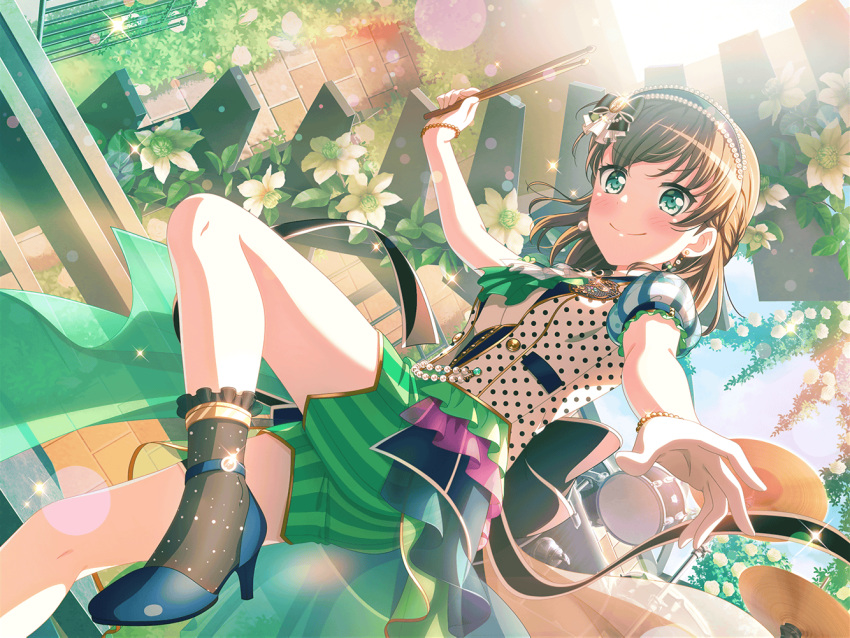 bang_dream! blush brown_hair dress drums green_eyes official_art short_hair smile yamato_maya