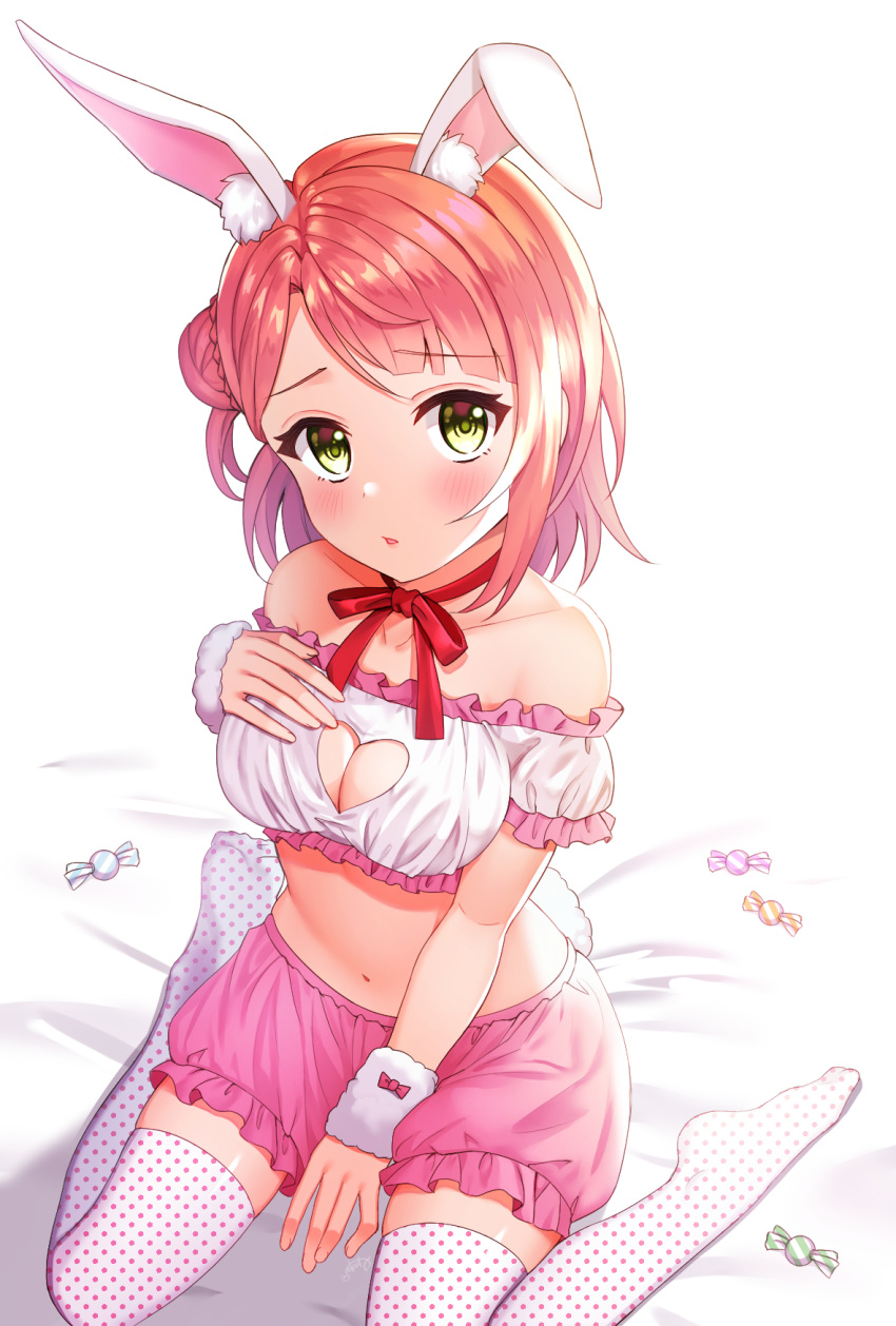 1girl animal_ears between_legs bunny_tail choker cleavage_cutout clothing_cutout crop_top frilled_shirt frills green_eyes hand_on_own_chest heart_cutout highres looking_at_viewer love_live! love_live!_nijigasaki_high_school_idol_club love_live!_school_idol_project midriff navel no_shoes off-shoulder_shirt off_shoulder parted_lips pink_hair pink_shorts polka_dot rabbit_ears red_choker ribbon_choker saki_usagi shirt short_hair short_shorts shorts simple_background sitting solo stomach tail thigh-highs uehara_ayumu wariza white_background white_legwear white_shirt wrist_cuffs