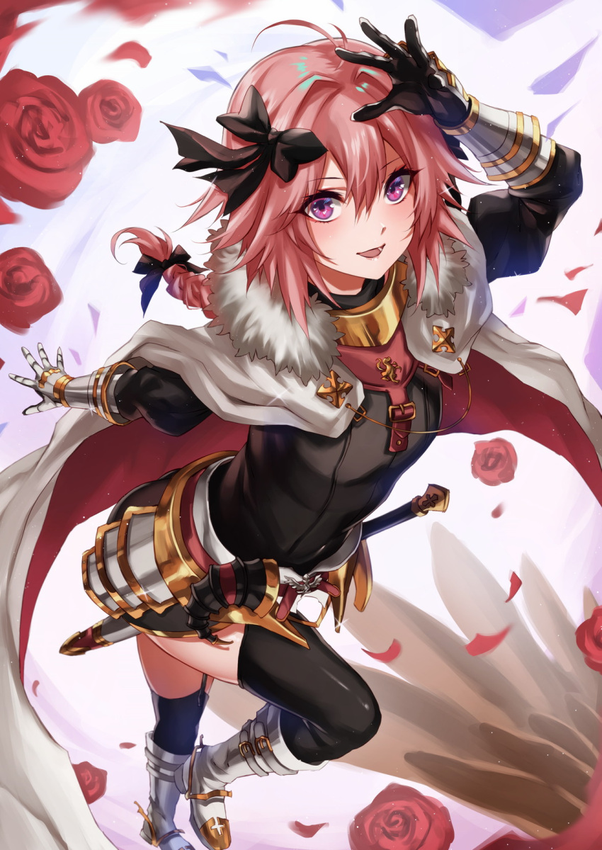 1boy astolfo_(fate) bangs black_bow black_legwear blush bow braid cape fate/apocrypha fate/grand_order fate_(series) faulds flower fur-trimmed_cape fur_trim garter_straps gauntlets gloves hair_intakes higano_(ktnc7452) highres long_braid long_hair long_sleeves looking_at_viewer male_focus multicolored_hair open_mouth otoko_no_ko petals pink_hair revision rose rose_petals single_braid smile solo streaked_hair thigh-highs violet_eyes white_cape