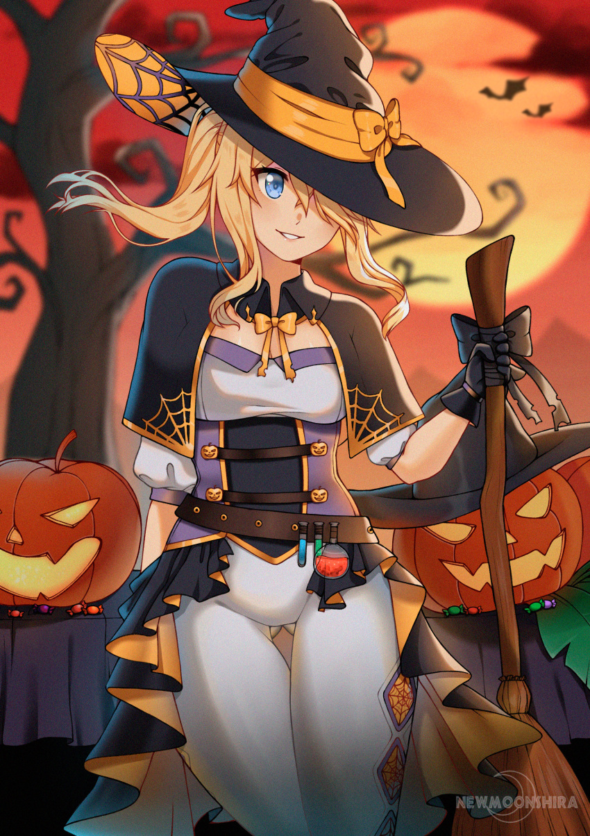 1girl absurdres artist_name ass_visible_through_thighs bangs belt black_capelet black_gloves blonde_hair blue_eyes broom candy capelet commentary english_commentary flask food full_moon genshin_impact gloves hair_over_one_eye halloween hat highres huge_filesize jack-o'-lantern jean_gunnhildr long_hair moon newmoonshira pants parted_lips red_sky side_ponytail sidelocks sky smile solo spider_web_print thigh_gap tight tight_pants white_pants witch_hat