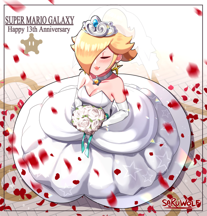 1girl absurdres blonde_hair bouquet breasts bridal_veil bride closed_eyes dress earrings elbow_gloves flower gloves highres holding holding_bouquet jewelry long_dress long_hair super_mario_bros. medium_breasts ponytail print_dress rosalina sarukaiwolf sleeveless sleeveless_dress solo star_(symbol) star_earrings star_print strapless strapless_dress super_mario_galaxy tiara veil wedding_dress white_dress white_gloves