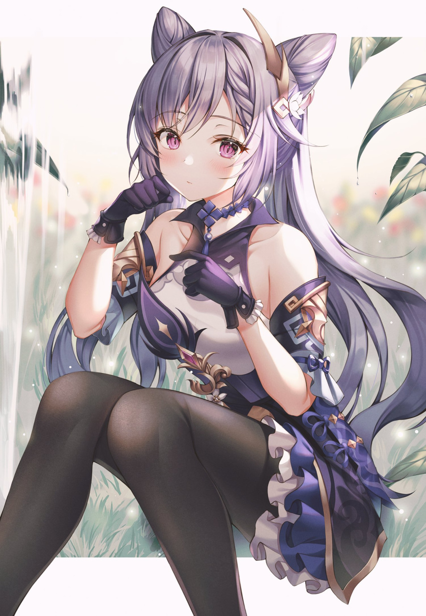 1girl bangs bare_shoulders black_legwear blush breasts detached_sleeves dress frills genshin_impact gloves hair_ornament hands_up highres keqing_(genshin_impact) long_hair looking_at_viewer medium_breasts mellozzo pantyhose purple_hair simple_background sitting skirt solo twintails violet_eyes