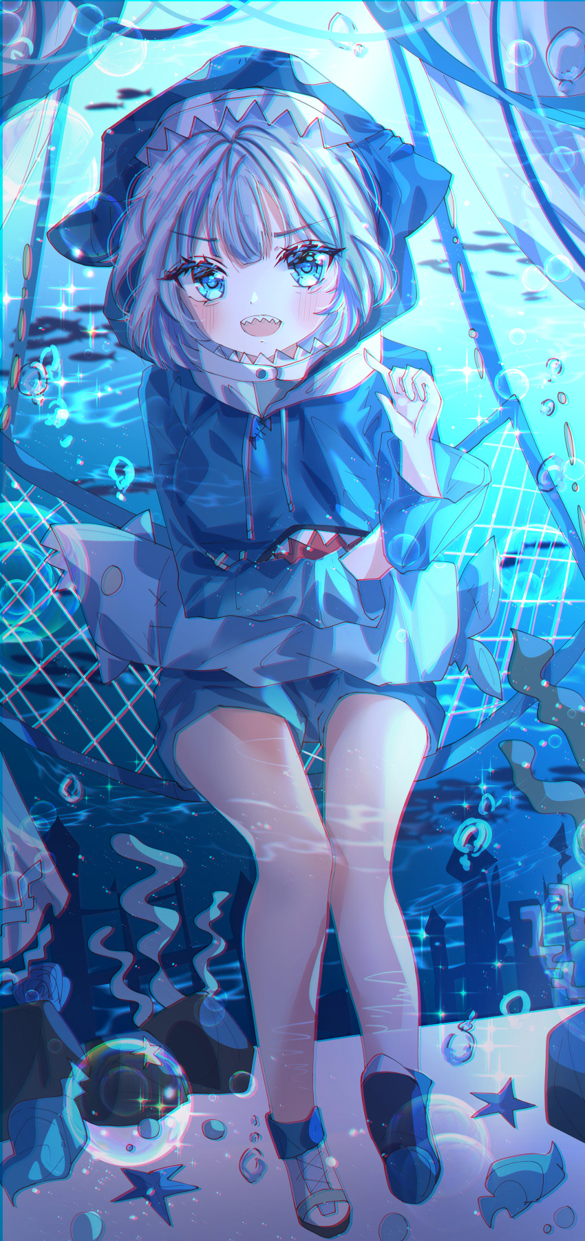 1girl absurdres animal_hood blue_eyes gawr_gura highres hololive hololive_english hood huge_filesize looking_at_viewer open_mouth pointing pointing_at_self shark_hood sharp_teeth solo teeth underwater virtual_youtuber white_hair wine_(2148_wine)