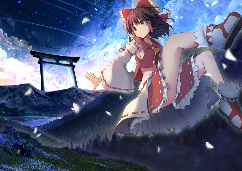 absurdres blue_sky bow brown_eyes brown_hair cherry_blossoms detached_sleeves forest frilled_bow frilled_skirt frills hair_bow hair_tubes hakurei_reimu highres hill huge_filesize japanese_clothes lake landscape mamemochi medium_hair miko mountain nature night nontraditional_miko outdoors red_shirt red_skirt ribbon-trimmed_sleeves ribbon_trim scenery shirt skirt sky star_(sky) torii touhou tree water wide_sleeves