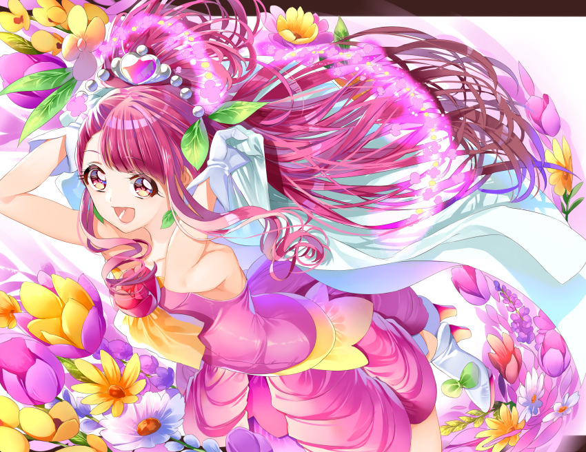 1girl :d absurdres arms_up asymmetrical_bangs bangs brown_eyes brown_hair collarbone cure_grace earrings floating_hair flower gloves hair_ornament hanadera_nodoka healin'_good_precure henshin highres jewelry long_hair multicolored_hair open_mouth pink_flower pink_hair pink_skirt precure skirt smile solo standing strapless tulip two-tone_hair very_long_hair white_flower white_gloves yellow_flower yuutarou_(fukiiincho)