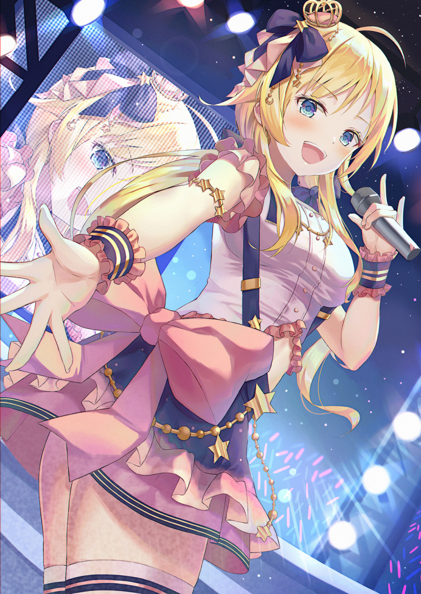 1girl :d ahoge arm_garter ass bangs blonde_hair blue_eyes blue_skirt bow breasts buttons cowboy_shot crown eyebrows_visible_through_hair glowstick hachimiya_meguru hair_bow hair_ornament highres holding hyonee idol idolmaster idolmaster_shiny_colors large_bow large_breasts long_hair looking_at_viewer low_twintails microphone open_mouth outstretched_arm outstretched_hand reflection shirt short_sleeves sidelocks skirt smile solo stage_lights star_(symbol) thigh-highs thighs twintails upper_teeth white_legwear zettai_ryouiki