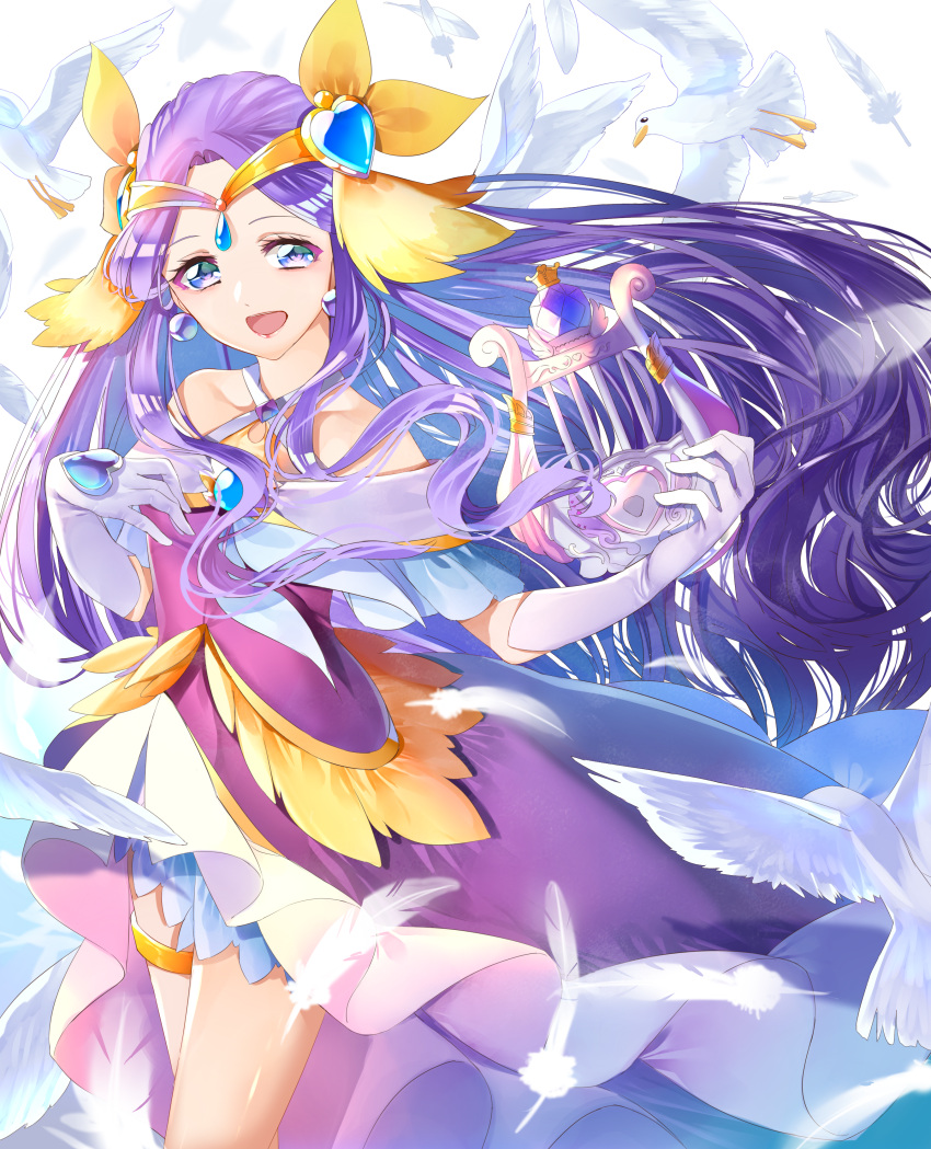 1girl :d absurdres bird blue_eyes circlet collarbone criss-cross_halter cure_earth dress earrings elbow_gloves floating_hair fuurin_asumi gloves hair_intakes hair_ornament halterneck healin'_good_precure heart heart_hair_ornament highres holding holding_instrument instrument jewelry long_hair looking_at_viewer off-shoulder_dress off_shoulder open_mouth precure purple_dress purple_hair shiny shiny_hair shiny_skin smile solo thighlet very_long_hair white_feathers white_gloves yuutarou_(fukiiincho)