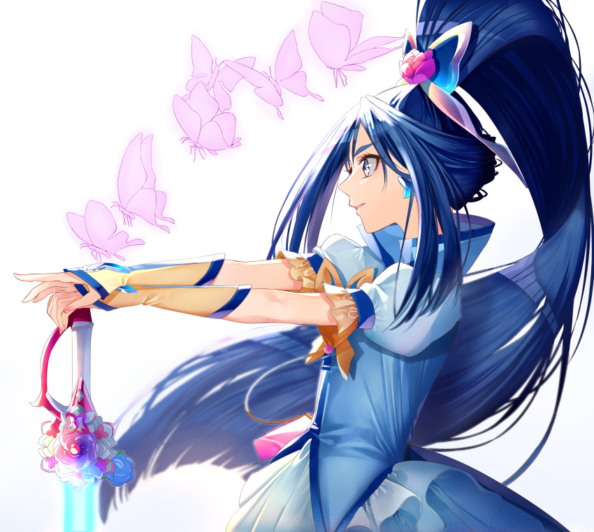 1girl absurdres beam_saber blue_hair blue_shirt blue_skirt bug butterfly cure_aqua detached_sleeves earrings floating_hair flower from_side hair_flower hair_ornament hands_on_hilt high_ponytail highres insect jewelry long_hair minazuki_karen parted_lips pink_flower pleated_skirt precure profile shiny shiny_hair shirt short_sleeves simple_background skirt solo very_long_hair white_background yellow_sleeves yes!_precure_5 yes!_precure_5_gogo! yuutarou_(fukiiincho)