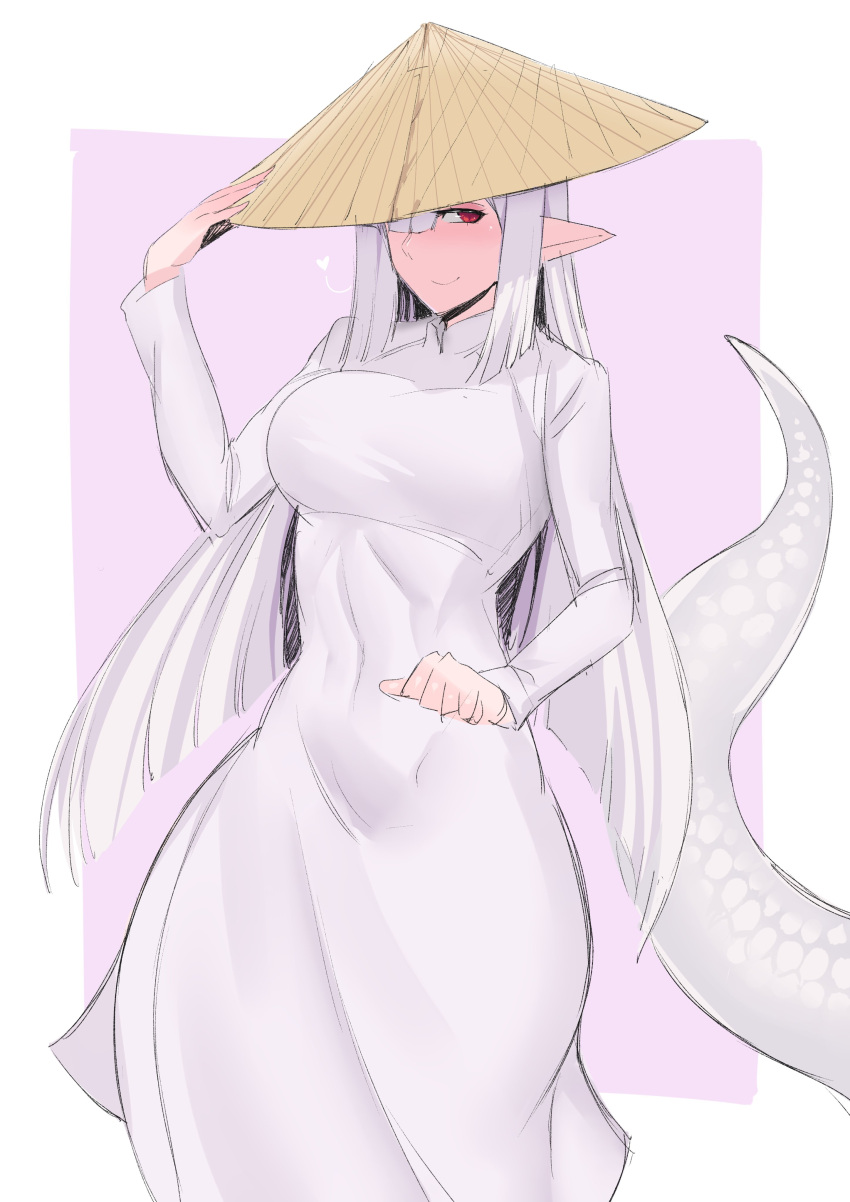 1girl absurdres adjusting_clothes adjusting_headwear breasts closed_mouth dress hat heart highres lamia large_breasts long_dress long_hair long_sleeves monster_girl monster_girl_encyclopedia one_eye_covered pointy_ears red_eyes scales shirohebi_(monster_girl_encyclopedia) smile solo stormcow straight_hair tail vietnamese_dress white_dress white_hair